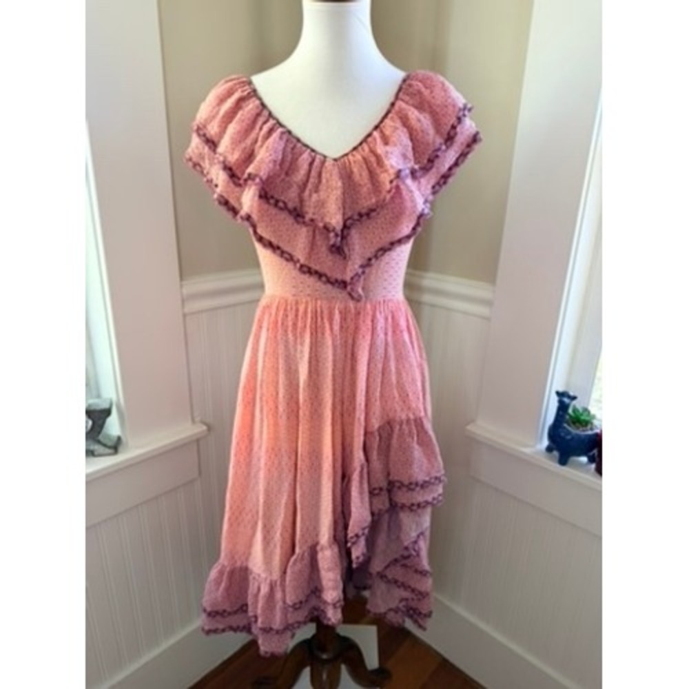 LoveShackFancy Pink Silk Ruffle Asymmetrical Floral Dress Size 2 (Runs Larger) - Picture 2 of 15